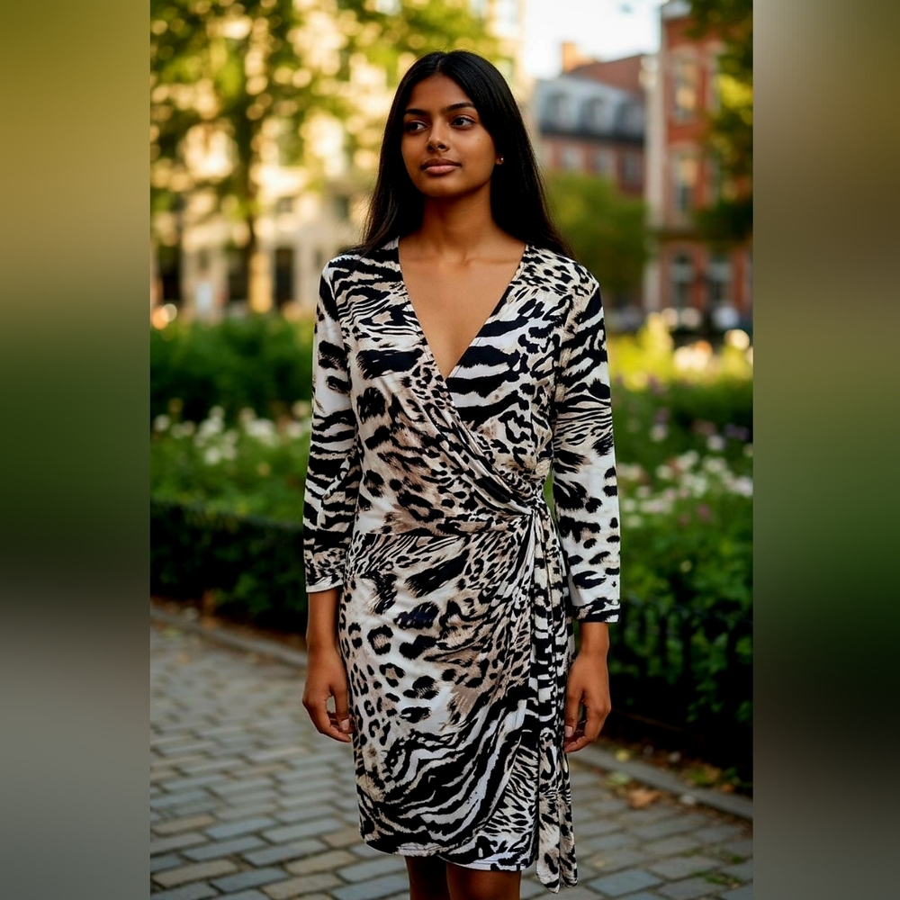 INC International Concepts Black and Cream Animal Print Dress Size Large